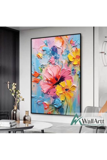 Abstract Pink Yellow Flowers 3d Heavy Textured Partial Oil Painting